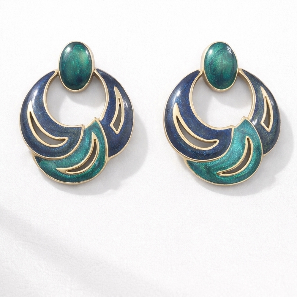 TURQUISE AND GOLD-Tone Earrings, vintage door knocker style.